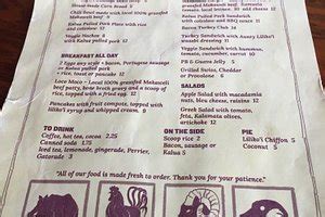 Kokee Lodge Restaurant Menu