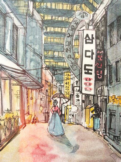Gangnam Alley Seoul by Won Kan Urban sketching, Art inspiration, Drawings