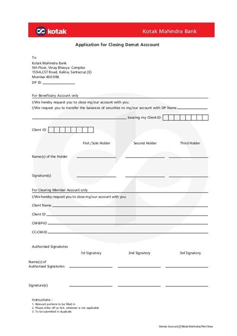 kotak bank closing form