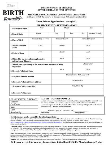 Ky Birth Certificate Printable Application