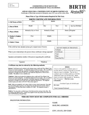 Kentucky Birth Certificate Form Fill Out and Sign Printable PDF