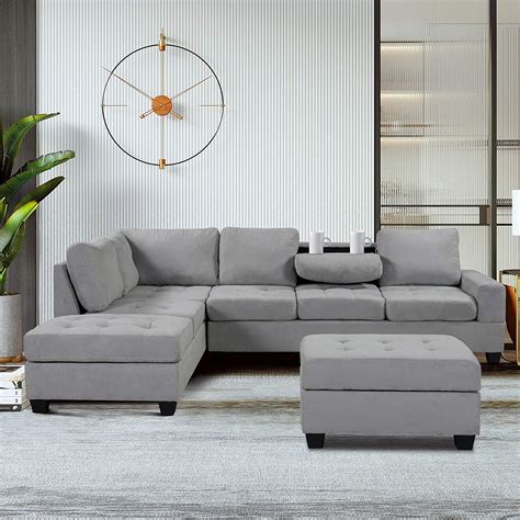 HONBAY Grey Sectional Couch with Ottoman, Convertible L Shaped Chaise