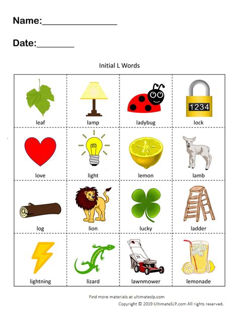 L Words Worksheet