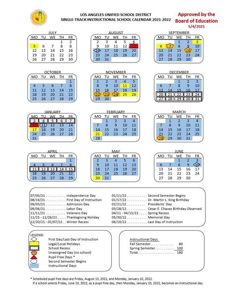 la county school district calendar