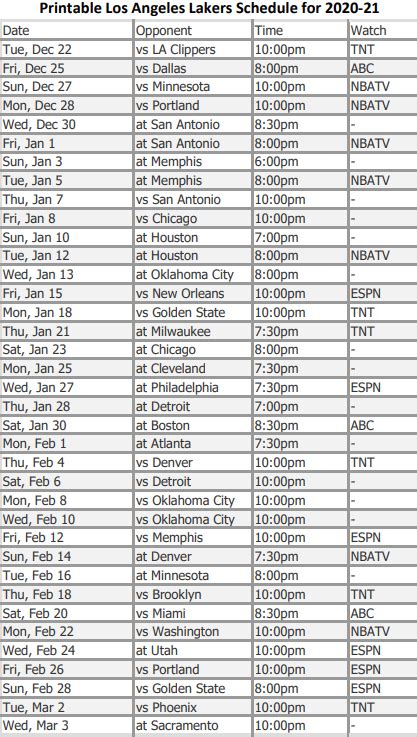 la lakers schedule 2020 printable