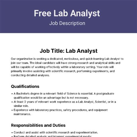 Lab Analyst Engineer Job Description