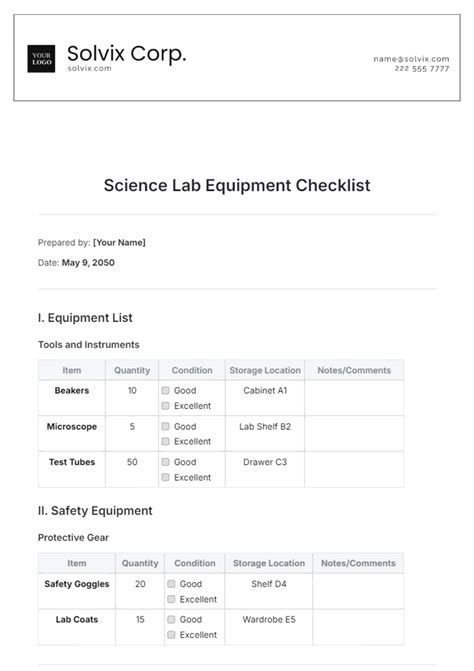 Lab Equipment Installation Checklist