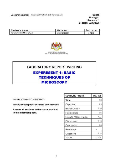 Lab Report Basic Techniques In Microscopy