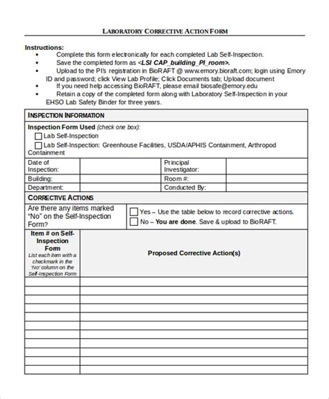 laboratory corrective action form template