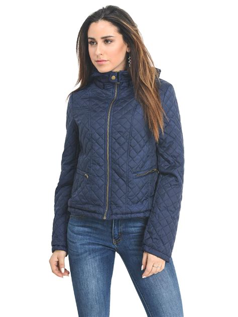 ladies blue quilted jacket with hood