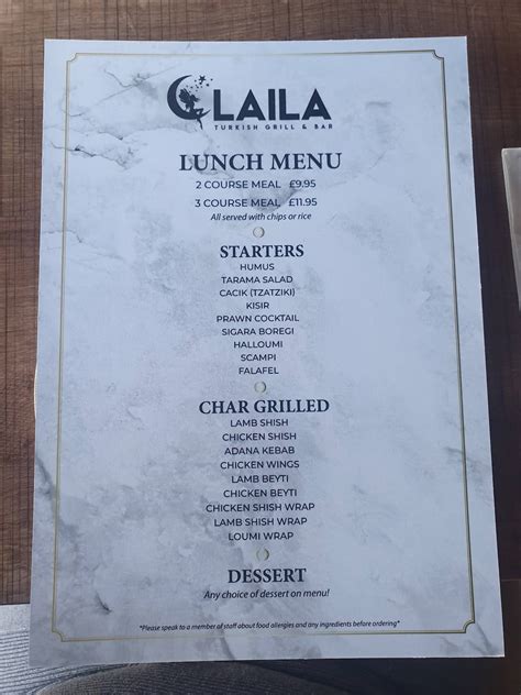 Carta de Laila Restaurant And Lounge, Nueva York, 45 Page Ave