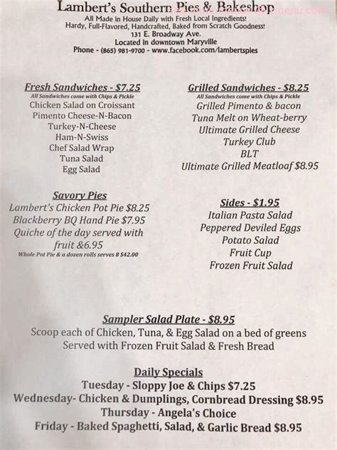 Lamberts Dinner Menu