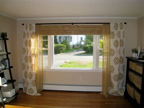 Astonishing Curtain Ideas For Large Windows Design With Bow Window And Red Color Wide Curtain