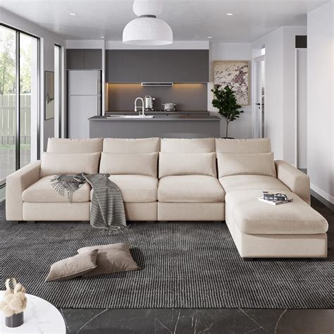 Classic Large Linen Fabric Sectional Sofa, L Shape Couch with Wide