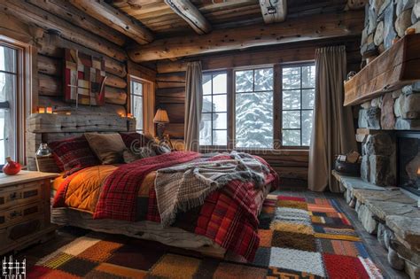 Large windows in log cabin bedroom