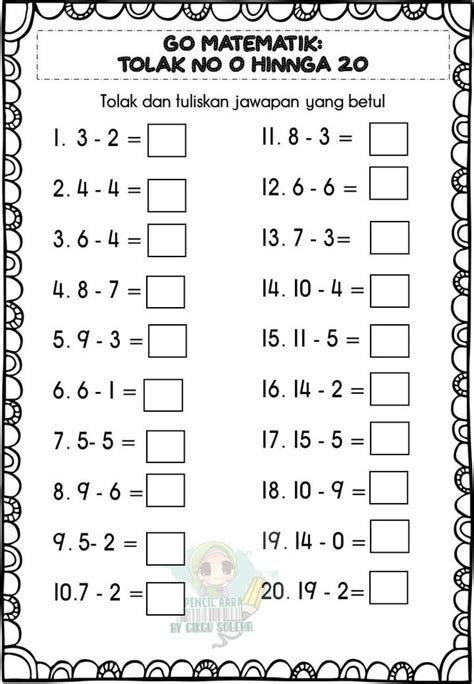 latihan matematik tahun 1 operasi tolak