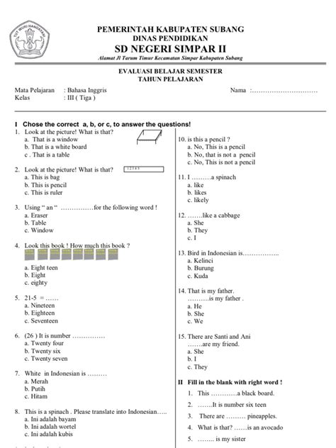 Latihan Soal Bahasa Inggris Kelas 3 SD Semester 2