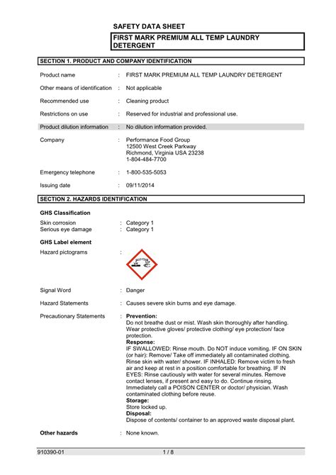 Laundry Detergent Safety Data Sheet