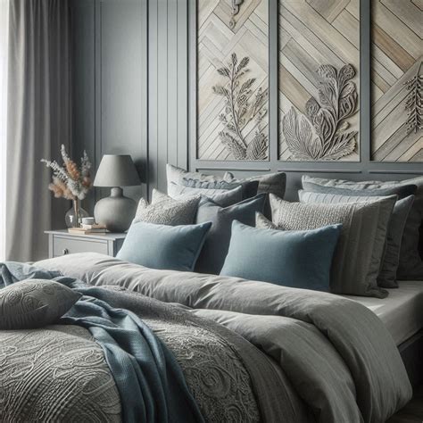 Layered shades of blue and grey in bedroom