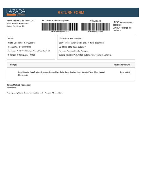 Lazada Return Form