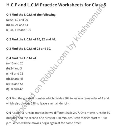 lcm questions for class 5 maths with answers pdf