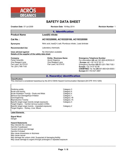 Lead Ii Nitrate Safety Data Sheet