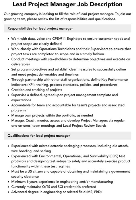 lead project manager job description