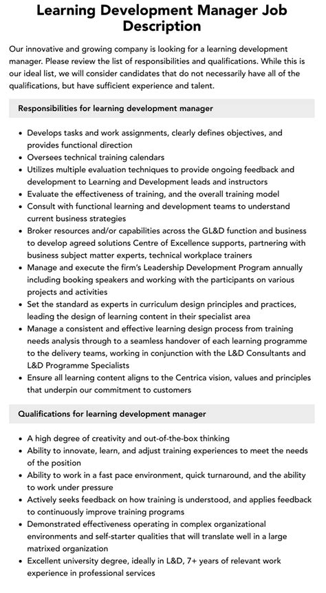 Learning And Development Manager Job Description Pdf