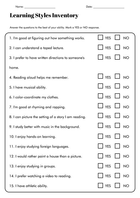 Learning Style Printable Questionnaire