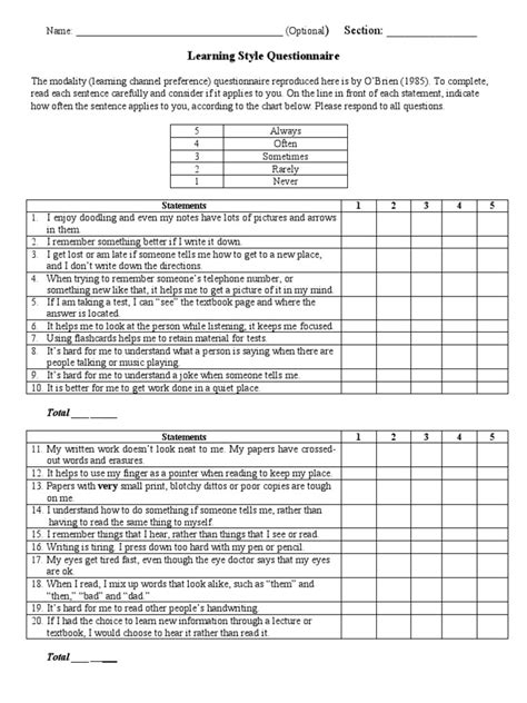 Learning Style Questionnaire Elementary Printables