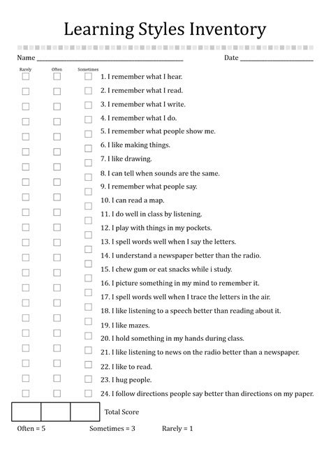 Learning Styles Inventory Elementary Printable