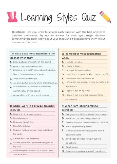 Learning Styles Quiz Students Printable