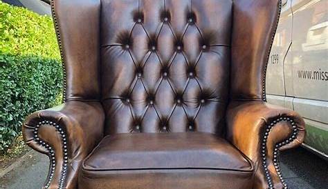 Leather Queen Anne Style Wing Chair in Burnished Orange with Nailhead
