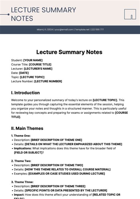lecture summary template pte