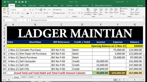 ledger book format in excel with formula