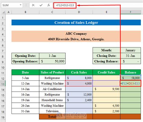 ledger in excel with formula