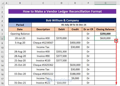 ledger reconciliation format in excel with formula