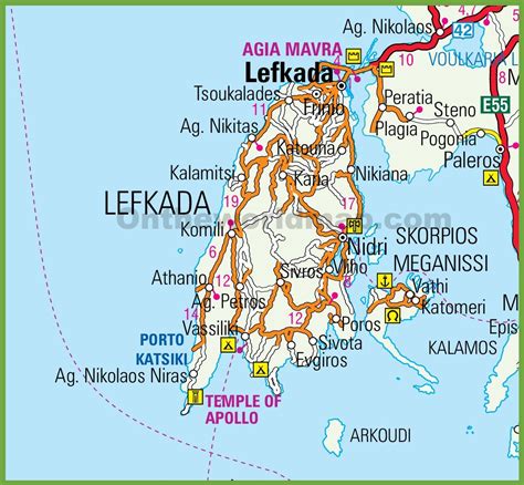 Island of Lefkada in Greece White Map and Blue Background Illustration