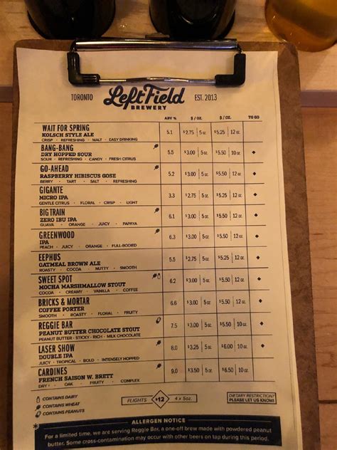 Left Field Brewery Menu