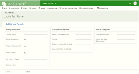 Legal tracking software user interface