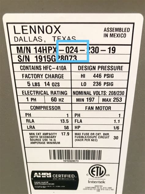 lennox ac size by model number