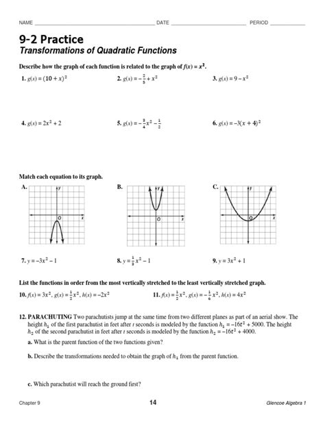Lesson 9-2 Practice B Characteristics Of Quadratic Functions