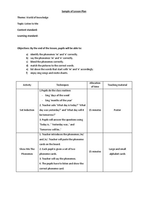 Lesson Plan Example In English