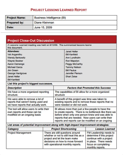 lessons learned document examples