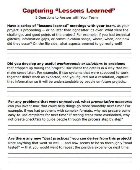 lessons learned example questions