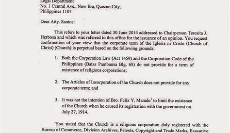 Iglesia Ni Cristo complaint letter (2 pages)