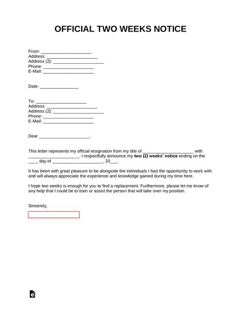 Sample Two Weeks Notice Letter Download Printable PDF