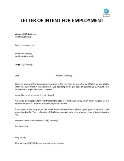 √ Free Printable Employment Letter Of Intent Template Templateral