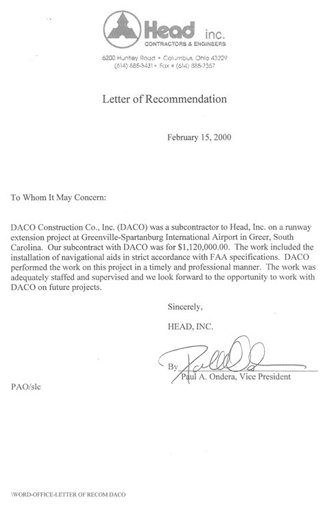 Letter of Recommendation for Contractors