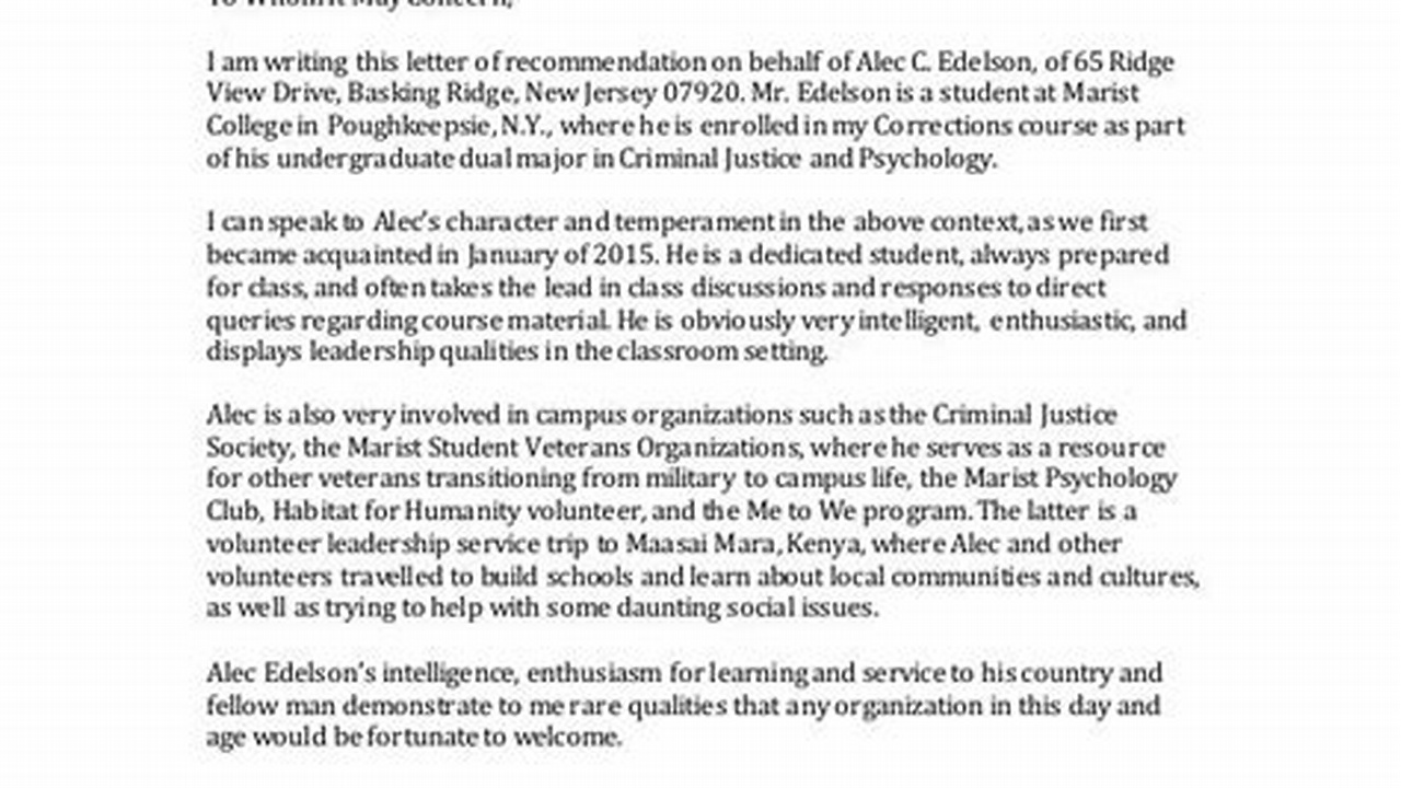 Letter of Recommendation for Criminal Record